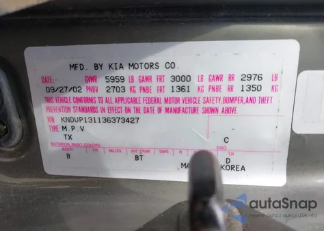 2003 Kia Sedona Ex/Lx z USA, uszkodzony, nr VIN KNDUP131136373427